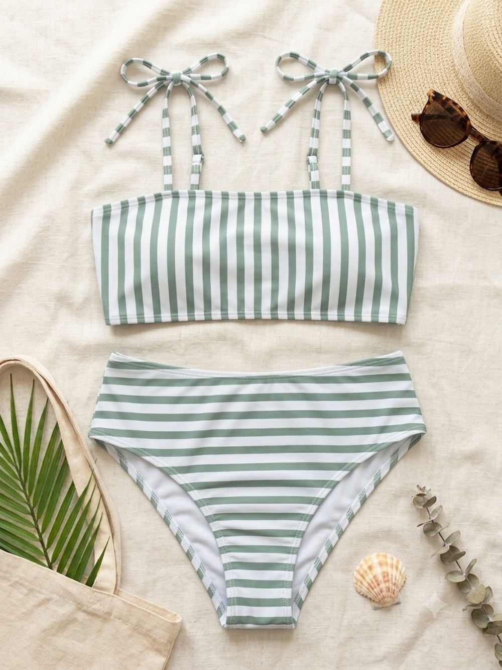 Striped Sage and White Tie-Strap Bikini Set - Women Swim